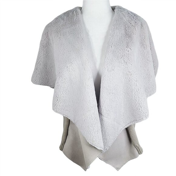 Women's Gray Faux Fur Shearling Open Front Drape Cardigan Vest - Picture 1 of 7
